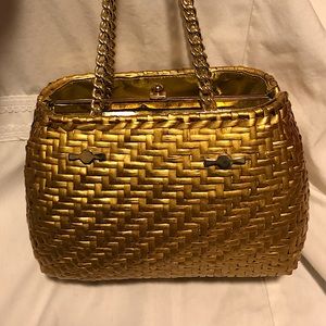 VINTAGE RARE METALLIC GOLD Colored Wicker Basket Weave Evening Event Purse